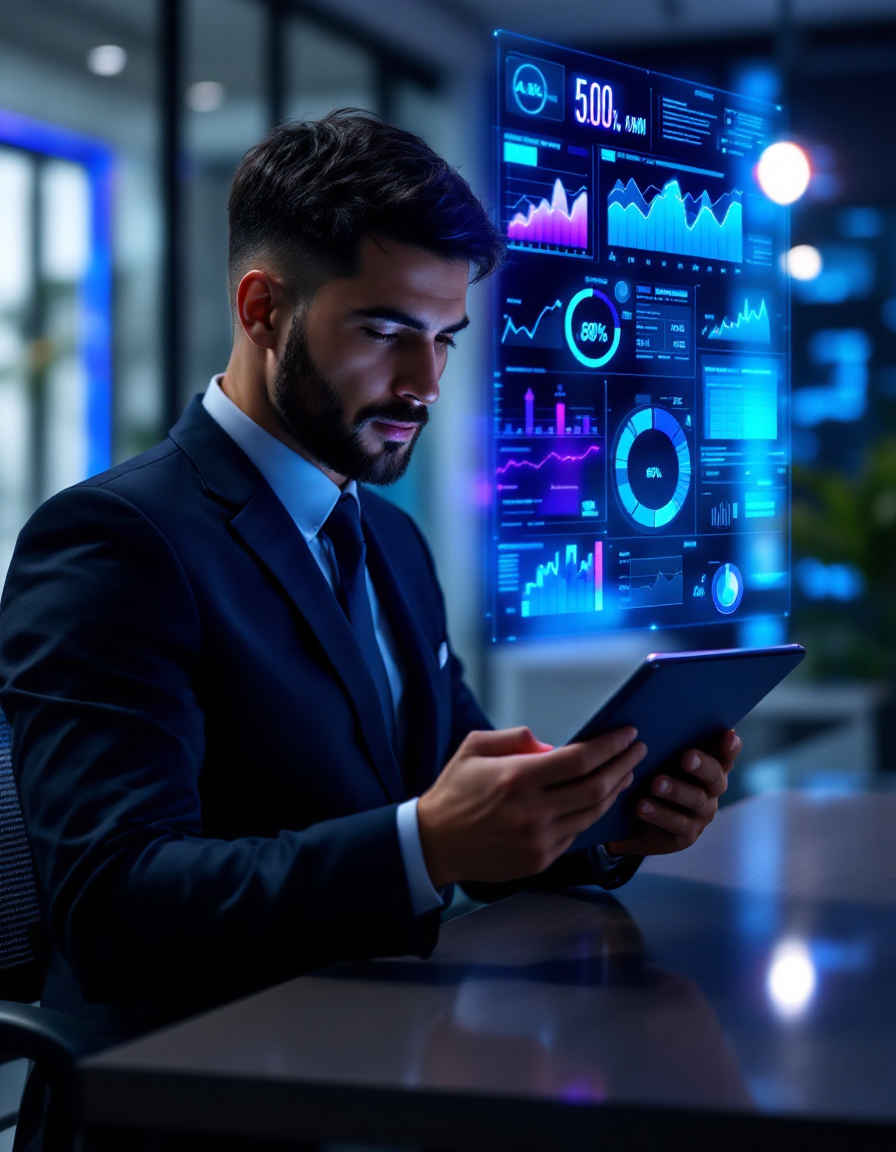 Professional using AI-powered business analytics dashboard